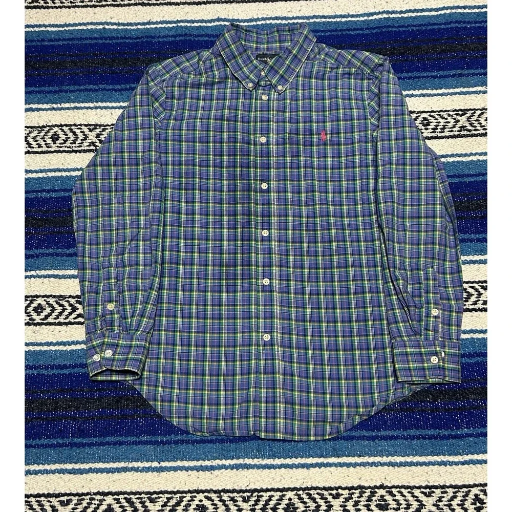 Ralph Lauren Youth Large 14-16 Blue Green Plaid Button Down Shirt Pony Logo